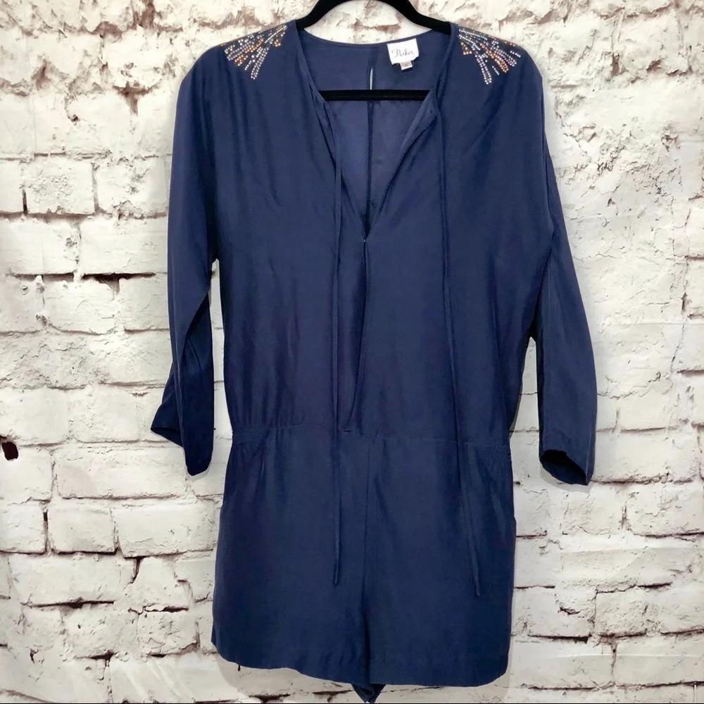 Parker Navy Blue Silk Embellished Shorts Romper